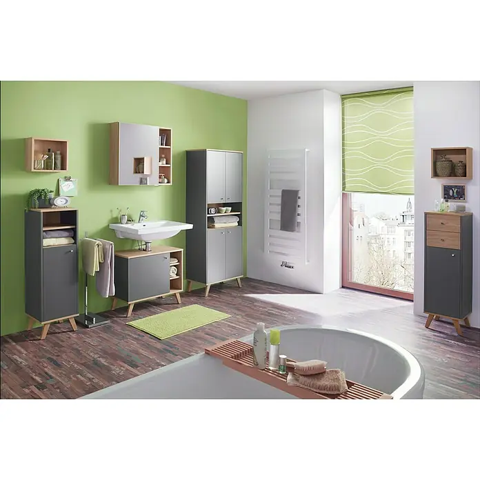 Madera Kupaonski ormarić za nasadni umivaonik - 65 x 33 x 60 cm, Antracit-svijetli hrast - Živopisni prikaz