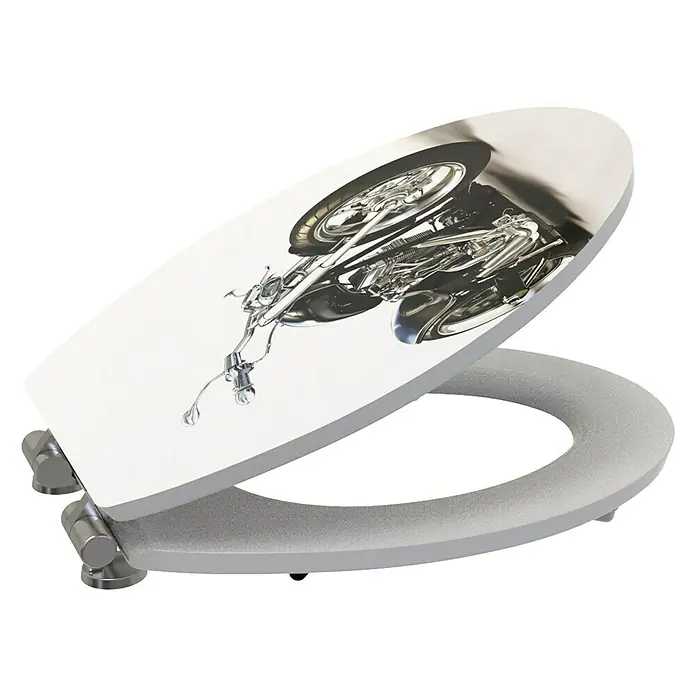 Poseidon Toiletzitting Motorbike - Softclose, Hout, Afneembaar, Zwart/Wit - Diagonaal zicht
