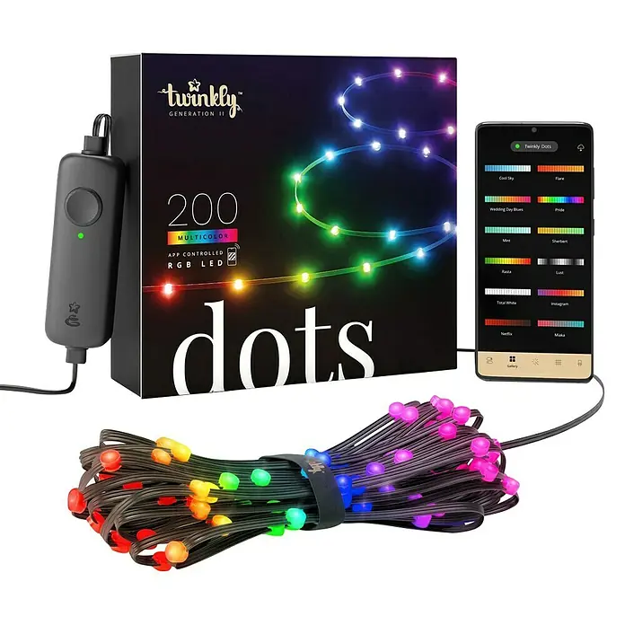 Twinkly LED traka Dots - Crne boje, Područje uporabe: U zatvorenom, 10 m, 200 žaruljica, Boja svjetla: RGB - Dijagonalni pogled