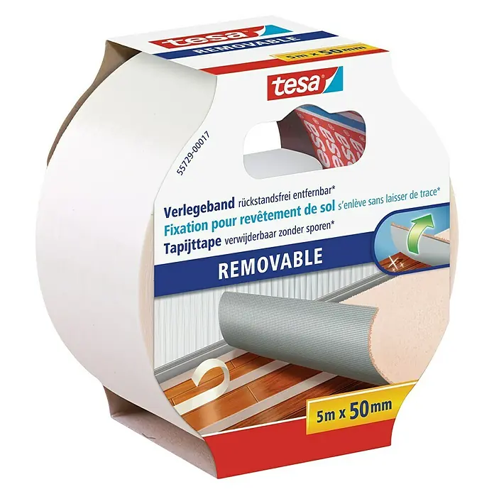 Tesa Verlegeband - 5 m x 50 mm, Beidseitig selbstklebend, Geeignet für: PVC-Beläge - Linke Seitenansicht