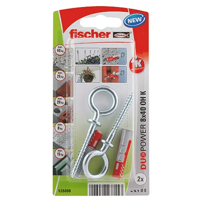 Fischer Duopower Set de tacos con gancho de ojo - Diámetro taco: 8 mm, Longitud taco: 40 mm, 2 uds.