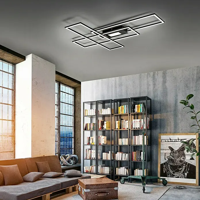 LeuchtenDirekt LED-Deckenleuchte Asmin - 50 W, L x B x H: 99,2 x 69,4 x 5 cm, Schwarz - Stimmungsaufnahme