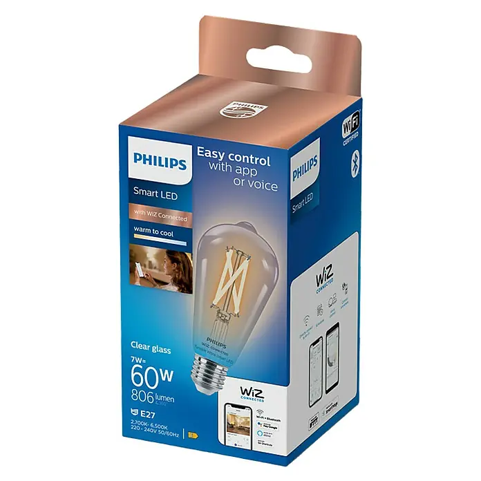 WiZ Bombilla LED Filamento vintage - E27, 6,7 W, 806 lm, Transparente - Vista angular