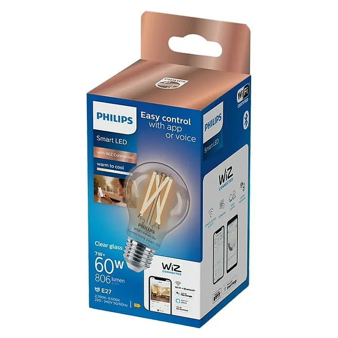 WiZ Bombilla LED Regulable Filamento - E27, 6,7 W, 806 lm, Transparente - Vista angular