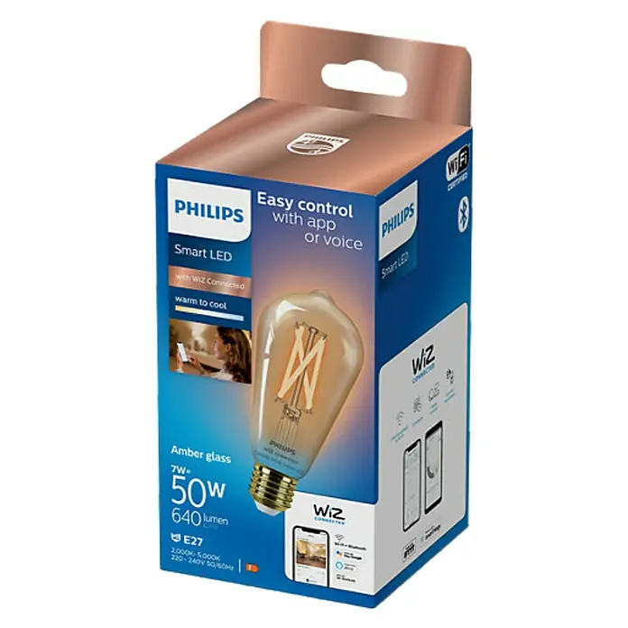 WiZ Bombilla LED Filamento Vintage - E27, 6,7 W, 640 lm, Ámbar - Vista angular