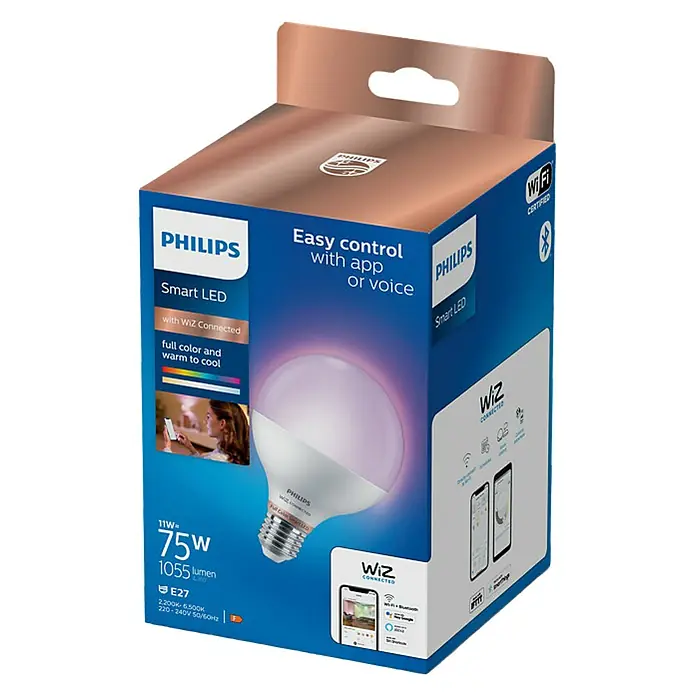 WiZ Bombilla LED Globo Regulable Colores - E27, 11 W, 1.055 lm - Vista angular
