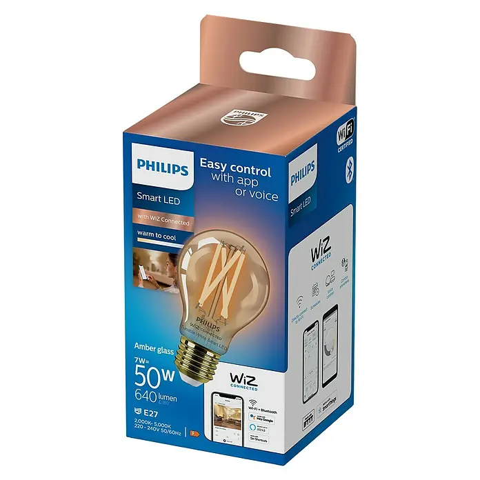 WiZ Bombilla LED Regulable Filamento - E27, 6,7 W, 640 lm, Ámbar - Vista angular