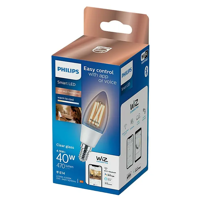 WiZ Bombilla LED Regulable filamento Vela - E14, 4,9 W, 470 lm - Vista angular