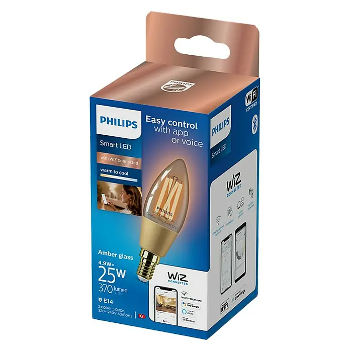 WiZ Bombilla LED Regulable filamento vela - E14, 4,9 W, 370 lm - Vista angular