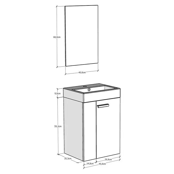 Conjunto de mueble de baño Mini - 45 cm, 3 piezas, Nebraska, Mate - Dibujo técnico