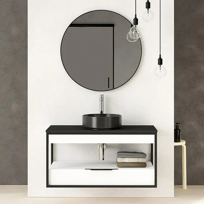 Conjunto de mueble de baño Izaro - 100 cm, 3 piezas, Blanco/Negro, Mate - Foto ambiente
