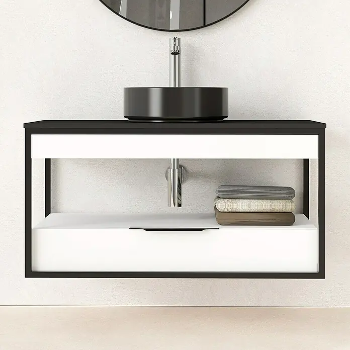Conjunto de mueble de baño Izaro - 100 cm, 3 piezas, Blanco/Negro, Mate - Foto ambiente