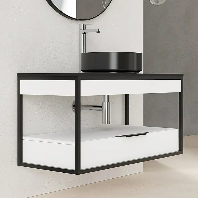 Conjunto de mueble de baño Izaro - 100 cm, 3 piezas, Blanco/Negro, Mate - Foto ambiente