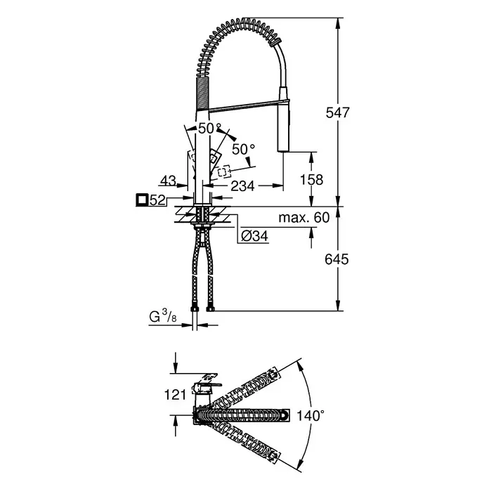Grohe Eurocube Spültischarmatur - Chrom, Glänzend, Spiralfeder - Skizze