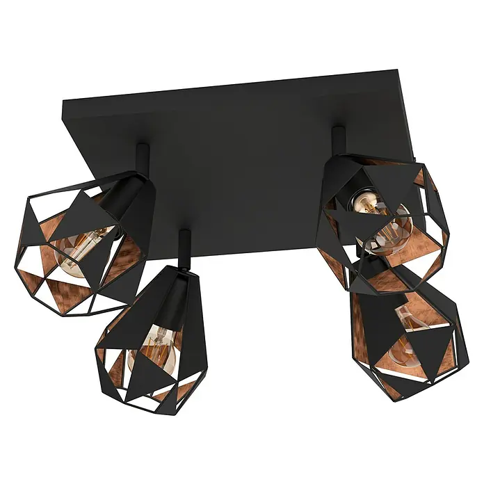 Eglo Carlton 7 Deckenstrahler - 160 W, L x B x H: 37 x 37 x 25,5 cm, Schwarz/Kupfer-antik, E27, 4 Stk. - Diagonale Ansicht