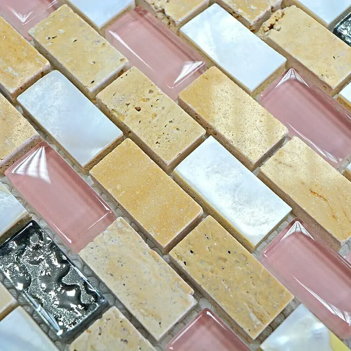 Mosaikfliese Brick Crystal Mix XCM B05S - 30 x 28,5 cm, Beige/Braun/Weiß, Glänzend - Detailaufnahme