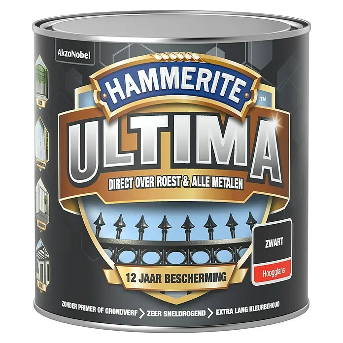 Hammerite Ultima Metaallak - Zwart, 250 ml, Hoogglans - Vooraanzicht