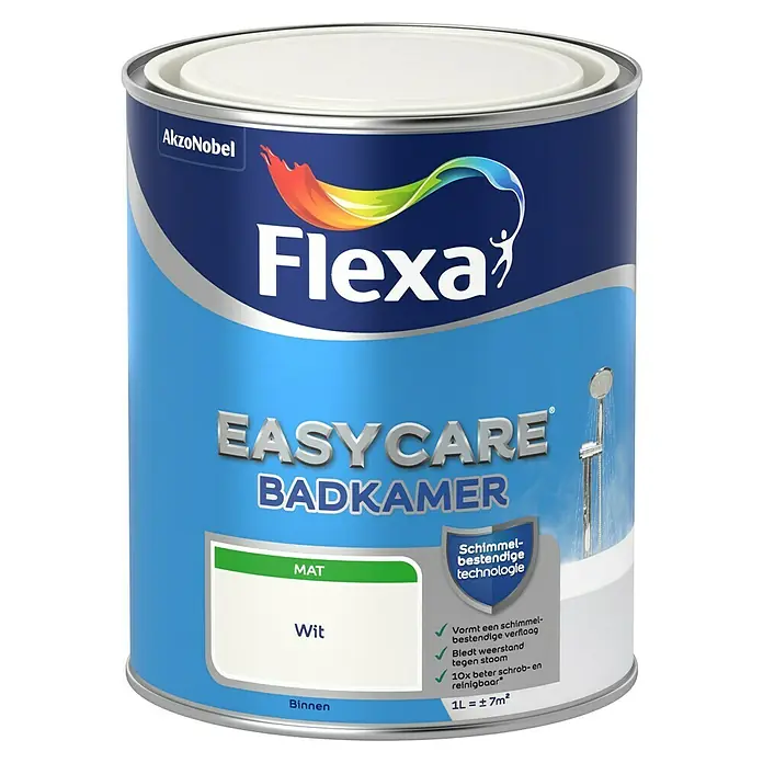 Flexa Easycare Muurverf Badkamer - Wit, 1 l, Mat - Vooraanzicht
