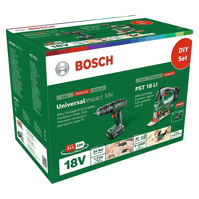 Bosch Maschinen-Set UniversalImpact 18V+PST 18 LI - Akkuspannung: 18 V, Anzahl Akkus: 2 Akkus, Kapazität: 2 Ah, Inhalt: 6 -tlg. - Diagonale Ansicht