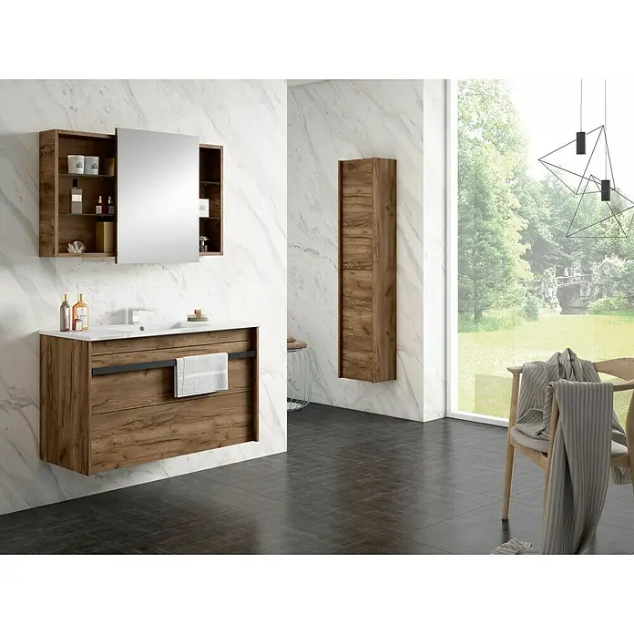 Mueble de lavabo Dune - L x An x Al: 46 x 100 x 60 cm, Tabaco, Color tirador: Negro mate - Foto ambiente