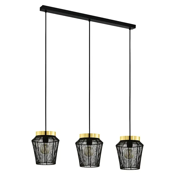 Eglo Escandidos Pendelleuchte - 120 W, L x B x H: 92 x 22 x 11 cm, Schwarz/Messing, E27, 3 Stk. - Diagonale Ansicht