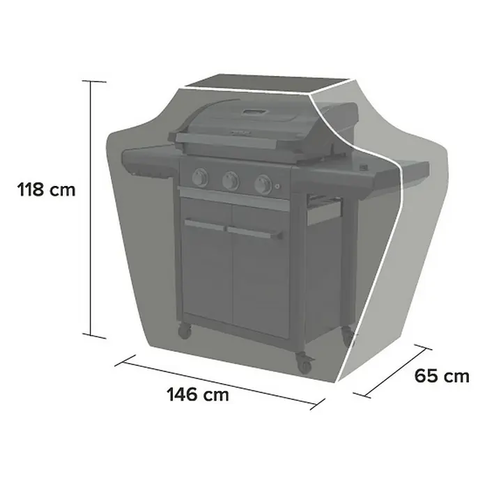 Campingaz Funda protectora para barbacoa Universal - Poliéster, Negro, L x An x Al: 146 x 118 x 66 cm - Dibujo técnico