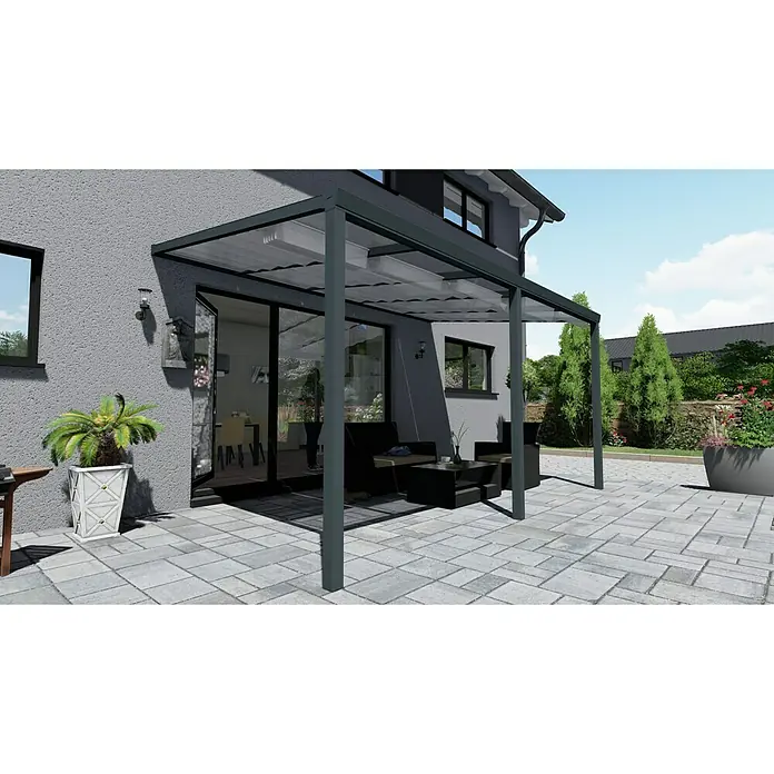 Terrasoverkapping Easy Edition - l x d: 500 cm x 300 cm, Gelaagd veiligheidsglas VSG, Antracietgrijs, Helder - Zijaanzicht links