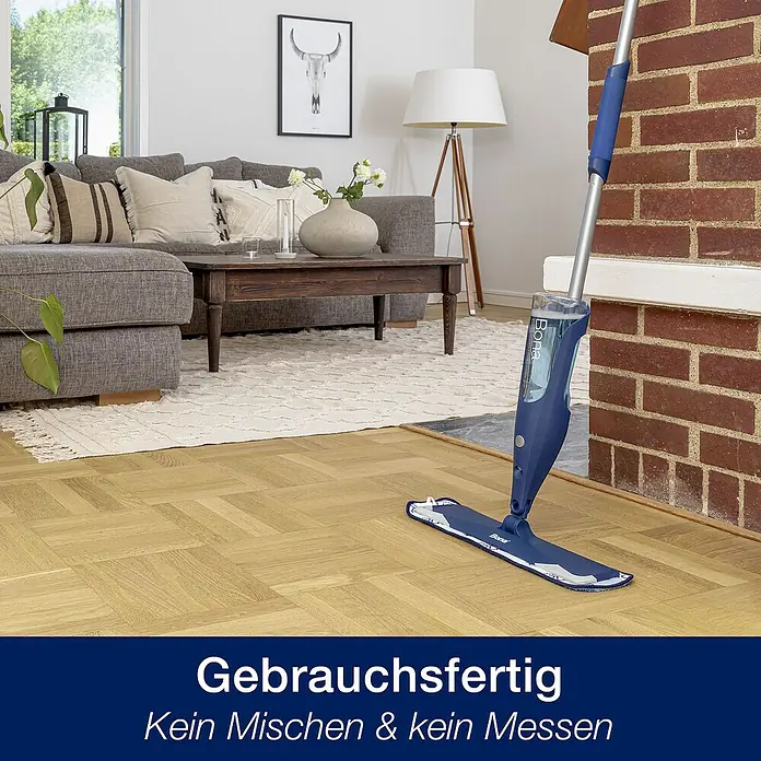 Bona Spray Mop für Holzfußböden - Mikrofaser, 1 x Bona Spray Mop, 1 x Bona Spray Mop Refiller (Kartusche), 1 x Bona Mikrofaser-Reinigungspad - Informationsansicht