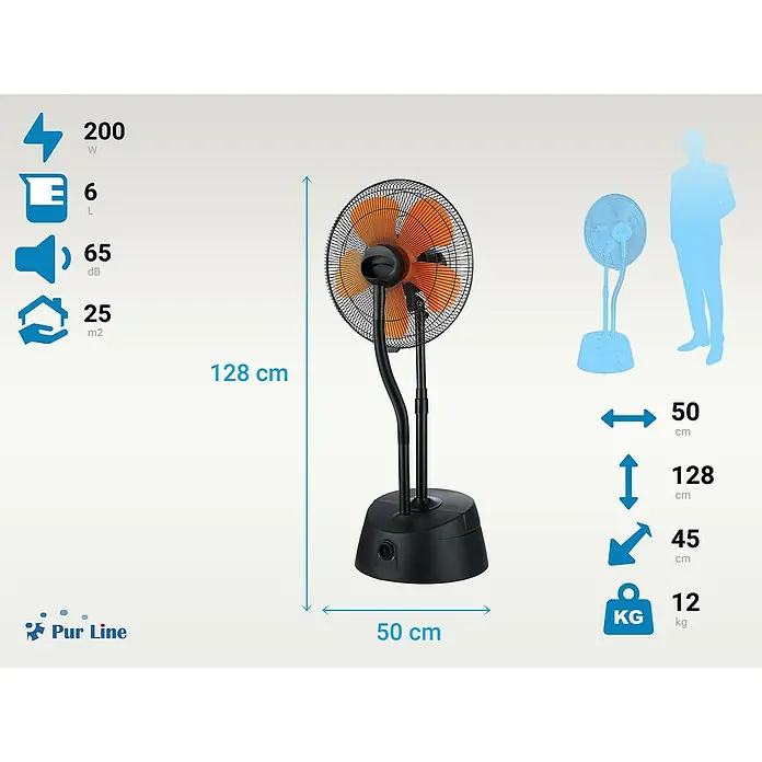 Purline Ventilador de pie con nebulizador Misty 10 - Negro/Naranja, Diámetro: 50 cm, 200 W, Altura: 128 cm - Dibujo técnico
