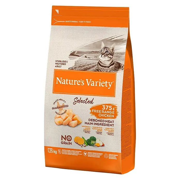 Nature's Variety Pienso seco para gatos Selected Esterilizados - 1,25 kg, Pollo - Vista angular