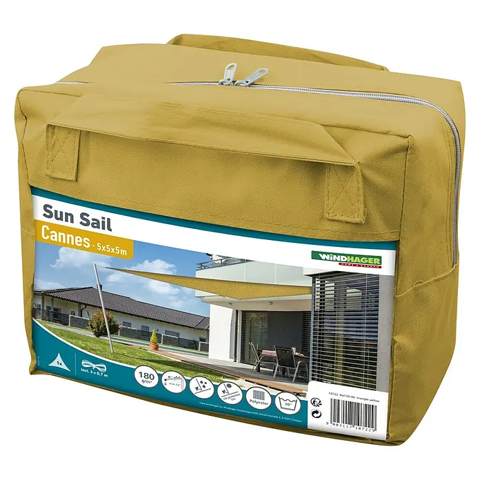 Windhager Sonnensegel Cannes - Gelb, B x L: 5 x 5 m, Dreieckig - Diagonale Ansicht