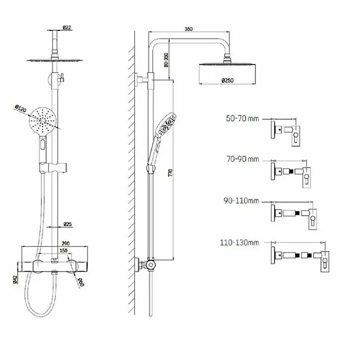 Camargue Sustav tuš garniture Samso Dueodde - Crne boje, Visina: 112 cm - Skica