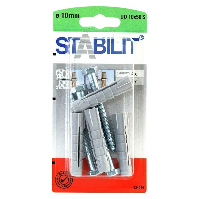 Stabilit Universal-Durchsteckdübel-Set - Durchmesser Dübel: 10 mm, Länge Dübel: 50 mm, 4 Stk., Mit Schrauben - Vorderansicht