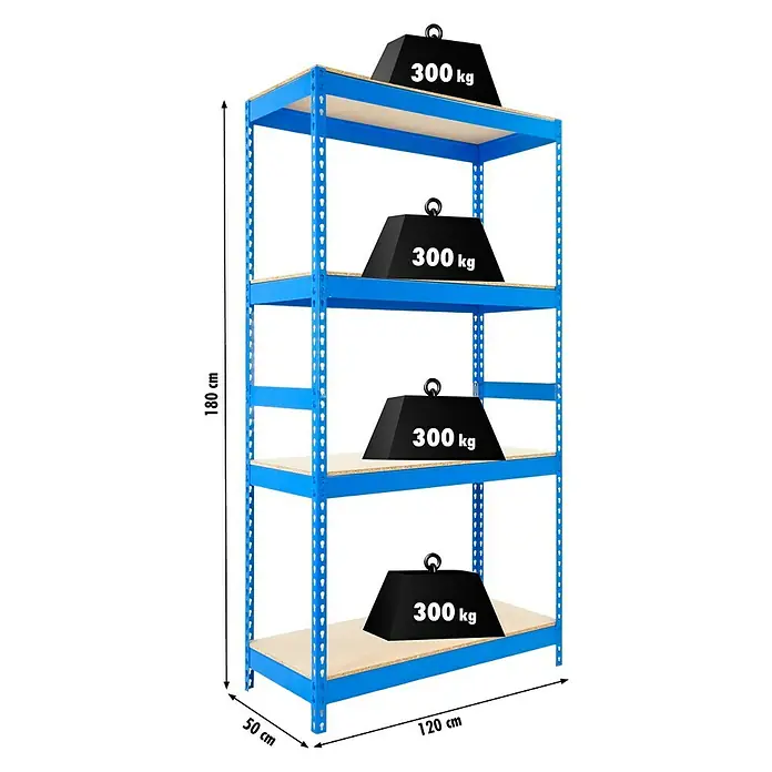 Regalux Estantería para cargas pesadas XXL - L x An x Al: 50 x 120 x 180 cm, Capacidad de carga: 300 kg/balda, Número de baldas: 4 ud., Inserción, Azul