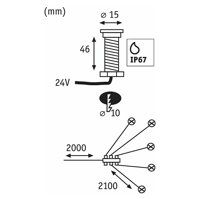Paulmann Plug & Shine LED-Gartenspot-Set MicroPen II - 5 x 0,22 W, 24 V, IP67, Ø x H: 15 x 15 mm - Skizze