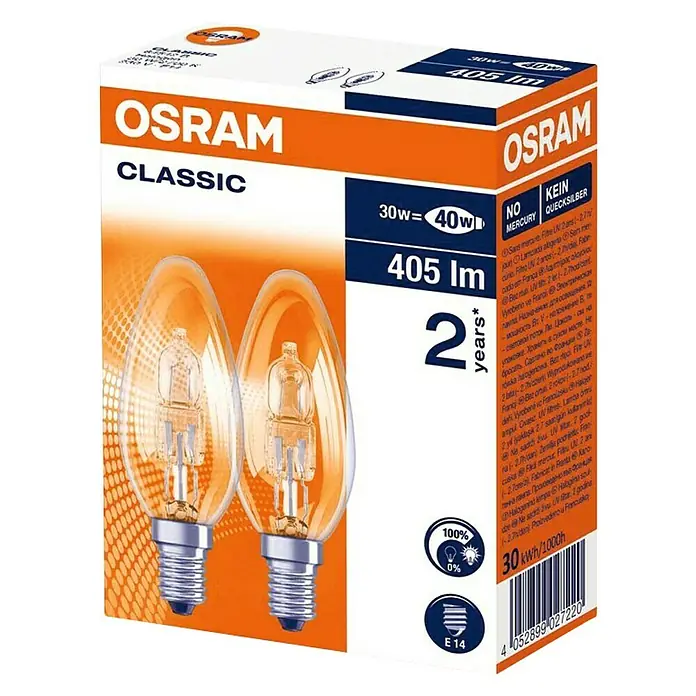 Osram Bombilla halógena Eco Pro Classic B - 30 W, E14, 2 uds., Blanco cálido - Vista angular