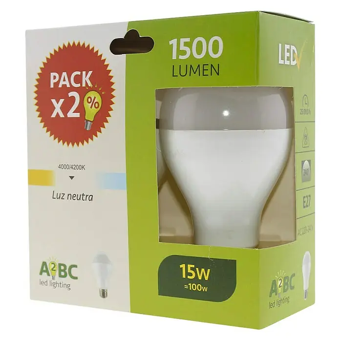 Cristal Record Bombilla LED - 2 uds., E27, 15 W, Color de luz: Blanco neutro, No regulable - Vista angular