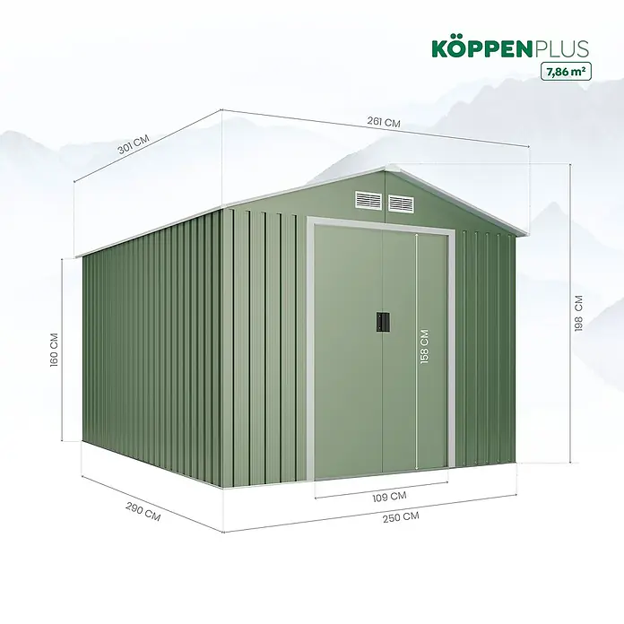 Hoggar Caseta para jardín Köppen Plus - Verde, 261 x 301 x 198 cm, Acero - Dibujo técnico