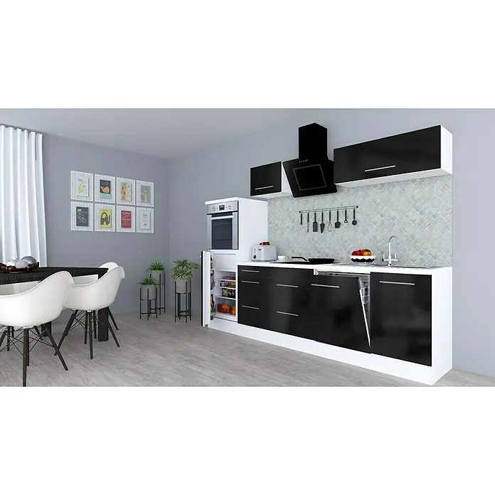 Respekta Premium Küchenzeile RP280HWSBO - Breite: 280 cm, Mit Elektrogeräten, Schwarz Hochglanz - Stimmungsaufnahme