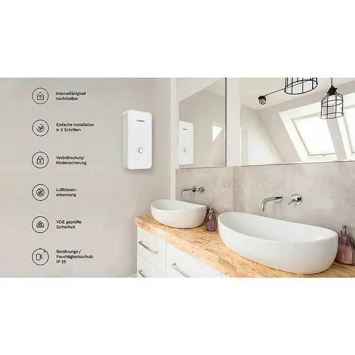 Bosch Durchlauferhitzer DNA Tronic Comfort Plus - 21/24/27 kW, 11,6/13/14,6 l/min bei 38 °C, Elektronisch - Informationsansicht