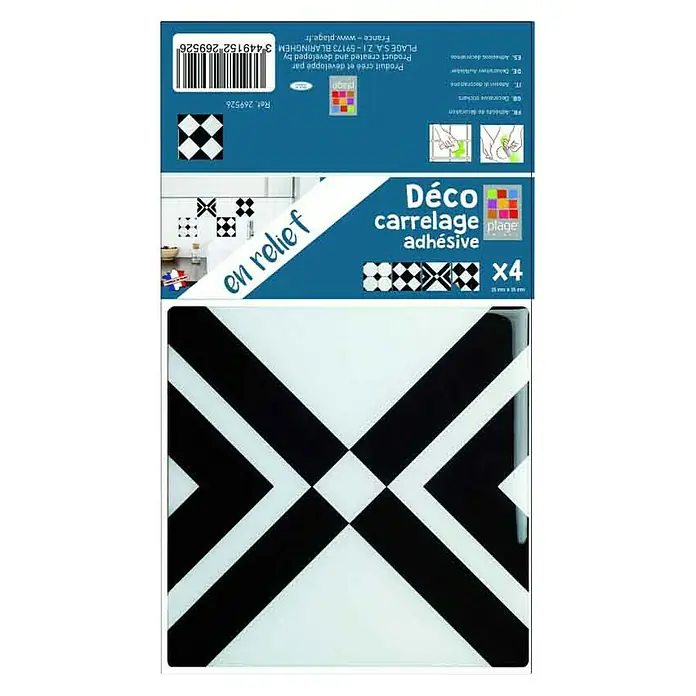 Vinilo para azulejos 3D Geométrico - 15 x 15 cm, 4 piezas, Blanco/Negro - Vista frontal