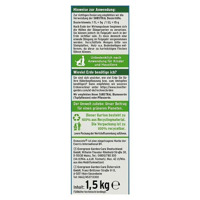 Substral Langzeitdünger Buchs & Hecken - 1,5 kg, Inhalt ausreichend für ca.: 75 m - Rückansicht
