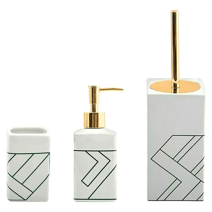 MSV Monolithic Set de accesorios de baño - 3 pzs., Blanco/Verde/Dorado - Vista frontal