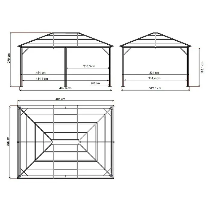 Sojag Pavillon Meridien 12 x 16 - L x B x H: 485 x 365 x 270 cm, Anthrazit, Walmdach - Skizze