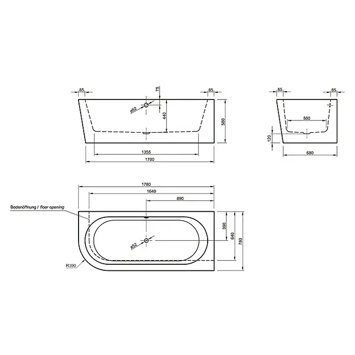 Ottofond Freistehende Badewanne Siesta Corner - Linksseitig, 178 x 78 cm, Sanitäracryl, Weiß - Skizze