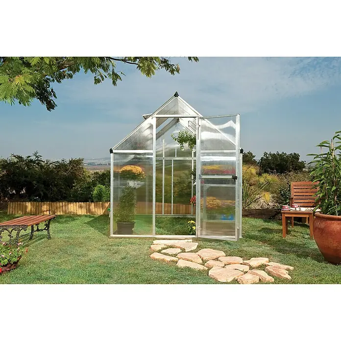 Palram – Canopia Gewächshaus Mythos 6x8 - 247 x 185 x 208 cm, Silber/Transparent - Vorderansicht