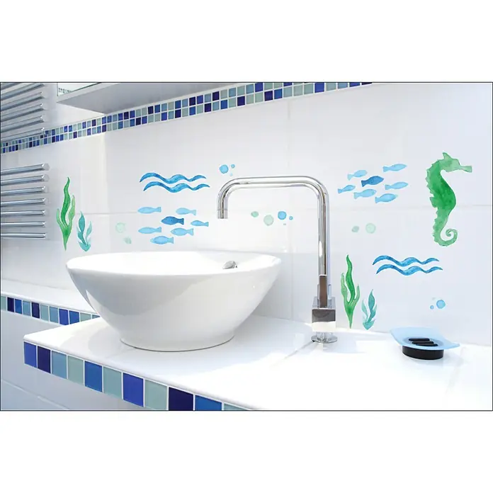 Vinilos decorativos Caballito de mar - 1 pieza, Verde/Azul, An x Al: 48 x 68 cm - Foto ambiente