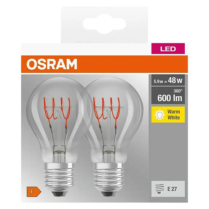 Osram LED-Leuchtmittel True Filament Classic A - E27, 5,9 W, 600 lm, 2 Stk., Klar - Vorderansicht