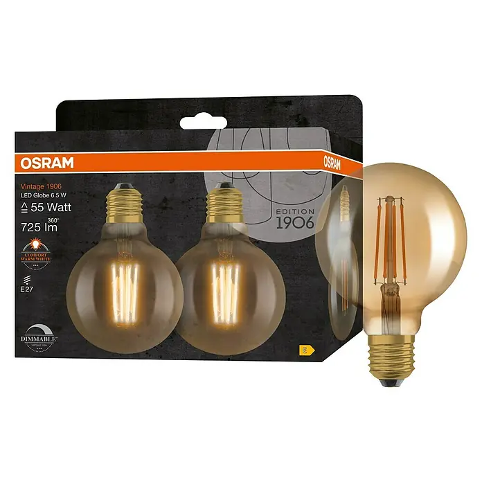 Osram Vintage 1906 LED-Leuchtmittel Globe Filament - E27, 6,5 W, G95, 725 lm - Diagonale Ansicht