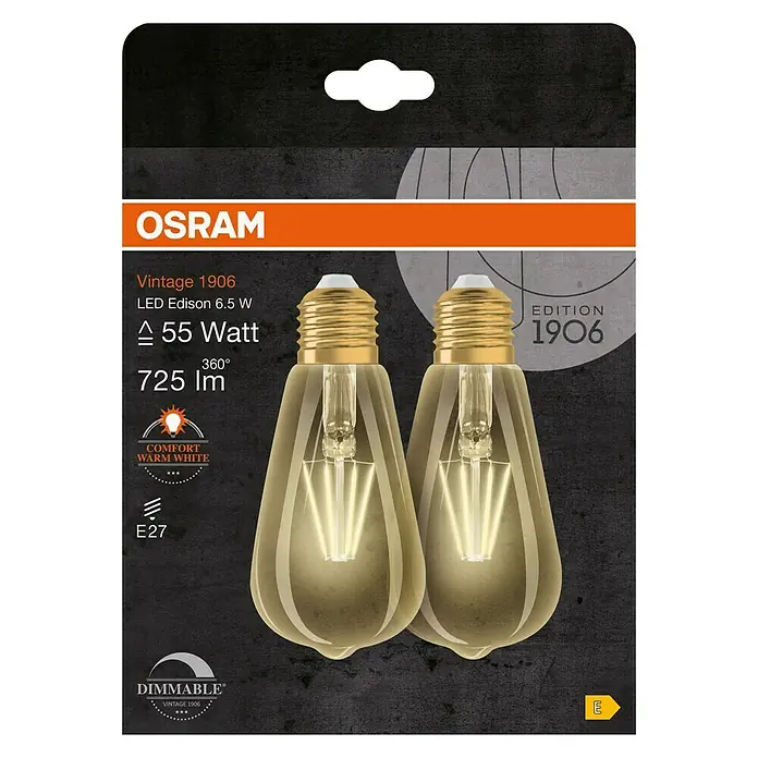 Osram Vintage 1906 LED-Leuchtmittel Edison Filament - E27, 6,5 W, ST64, 725 lm - Vorderansicht